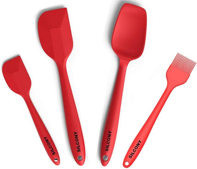 Set of 4 Pure Silicone Spatulas Spoon Pastry Basting Brush Heat Resistant (11"-8.4") (4, Spatula Set - Red)