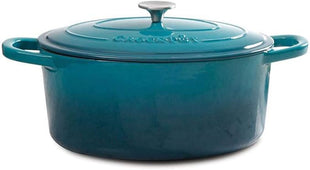 Crock-Pot Artisan 5-Quart Round Enameled Cast Iron Dutch Oven – Teal Ombre, Durable Heavy-Duty Cookware for Slow Cooking, Roasting, Baking with Lid