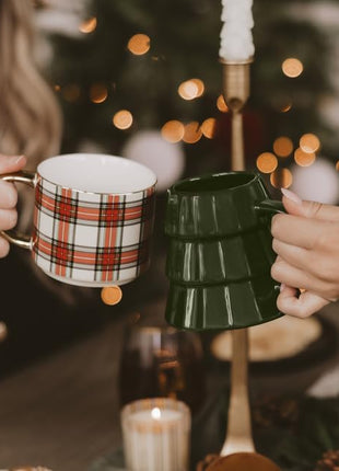 Sweet Water Decor White Plaid Coffee Mug, 14oz China Christmas Mug with Gold Handle, Large Holiday Winter Cup for Coffee, Tea & Hot Chocolate, Stocking Stuffer Gifts for Women