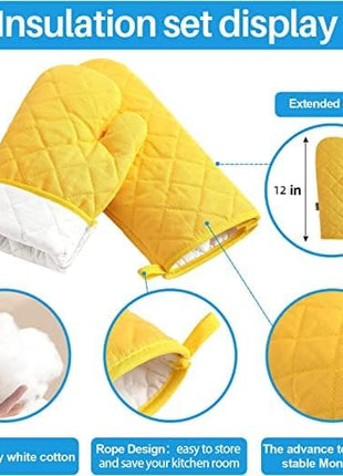Oven Mitts and Pot Holders 4 pcs Set,High Heat Resistant 500 Degree Extra Thicken Long Kitchen Cotton Oven Glove for Cooking (12 Inch,Yellow)
