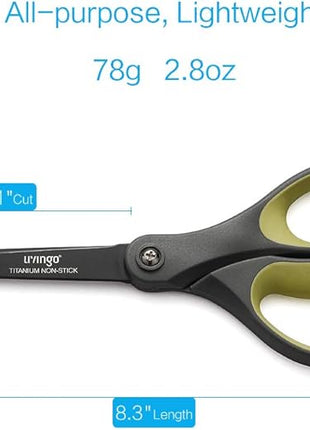 LIVINGO 2 Pack 8" Titanium Non-Stick Scissors, Professional Stainless Steel Comfort Grip, All-Purpose, Straight Office Craft Scissors for Tape, Paper, Cardboard(Green/Yellow)