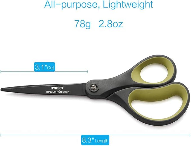 LIVINGO 2 Pack 8" Titanium Non-Stick Scissors, Professional Stainless Steel Comfort Grip, All-Purpose, Straight Office Craft Scissors for Tape, Paper, Cardboard(Green/Yellow)