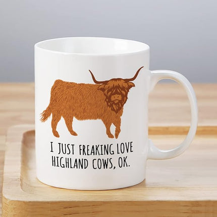 LOZACHE Highland Cow Coffee Mug, 11oz Highland Cattle Ceramic Mug Tea Milk Cup, Funny Gag Gift Ideas White Elephant for Adults Men Women Friends Cow Lovers