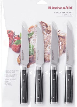 KitchenAid Gourmet 4 Piece Forged Triple Rivet Steak Knife Set, High Carbon Japanese Steel, Sharp Kitchen Knife Set, 4.5 inch, Black