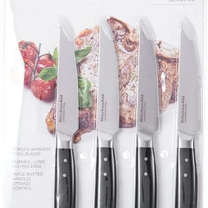 KitchenAid Gourmet 4 Piece Forged Triple Rivet Steak Knife Set, High Carbon Japanese Steel, Sharp Kitchen Knife Set, 4.5 inch, Black