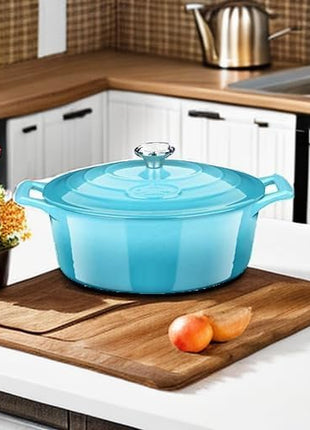 La Cuisine Enameled Cast Iron Oval Dutch Oven Casserole Pot with Lid 5 QT Internal Matte Black Enamel for bread baking, 2-ton Teal Enamel Coating Finish Exterior,Oven Safe up to 500° F