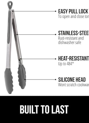 GORILLA GRIP Stainless Steel Heat Resistant Kitchen Tongs for Cooking, Set of 2 BBQ Tong, Non Scratch Silicone Tip for Pans, Strong Grip, Grab Food, Toss Salad, Air Fryer, Pull Lock, 7 + 9 Inch, Gray