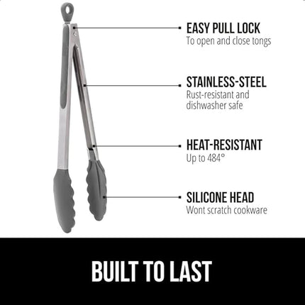 GORILLA GRIP Stainless Steel Heat Resistant Kitchen Tongs for Cooking, Set of 2 BBQ Tong, Non Scratch Silicone Tip for Pans, Strong Grip, Grab Food, Toss Salad, Air Fryer, Pull Lock, 7 + 9 Inch, Gray