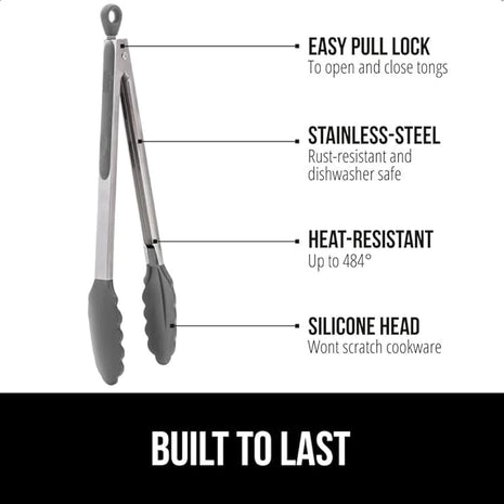 GORILLA GRIP Stainless Steel Heat Resistant Kitchen Tongs for Cooking, Set of 2 BBQ Tong, Non Scratch Silicone Tip for Pans, Strong Grip, Grab Food, Toss Salad, Air Fryer, Pull Lock, 7 + 9 Inch, Gray