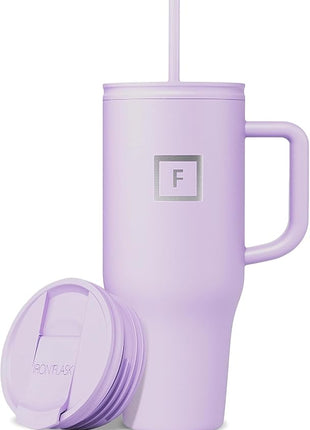 IRON °FLASK Co-Pilot Insulated Mug w/Straw & Flip Cap Lids - Cup Holder Bottle for Hot, Cold Drink - Leak-Proof - Water, Coffee Portable Travel Mug - Lavender, 32 Oz