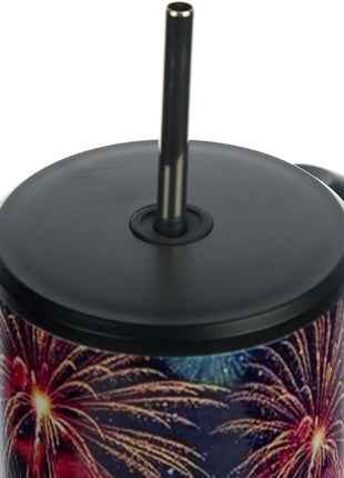 Bioworld Americana 40 Oz. Vacuum Insulated Stainless Steel Tumbler with Leak-Proof Lid & Handle, Patriotic Fireworks & American Flag Design for 4th of July or Everyday Travel