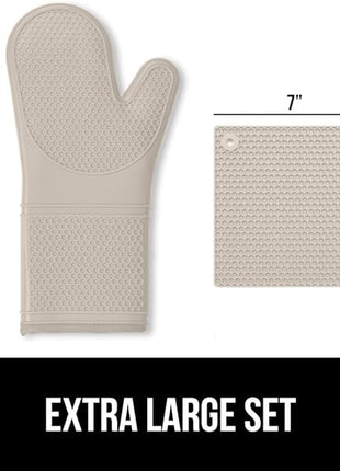 GORILLA GRIP BPA-Free Soft Silicone Oven Mitts and Pot Holders Sets of 4, Heat Resistant Waterproof Cooking Gloves, Thick Cotton Lining, Flexible Gripping for Baking Grilling, Kitchen Trivets, Almond