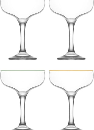 LAV Lead-Free Colorful Coupe Cocktail Glasses 8 oz Champagne Glass with Colored, Cleared Rims - Manhattan, Martini Glasses, Cocktails, Barware, Home, Restaurant, Birthday, Wedding Parties | Set of 4