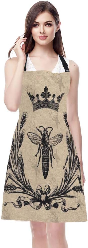 EKOBLA Bee Aprons Vintage Queen Bees Retro Crown Floral Ear Bowknot Black Waterproof Resistant Chef Cooking Kitchen BBQ Adjustable Aprons for Women Men 27x31 Inch