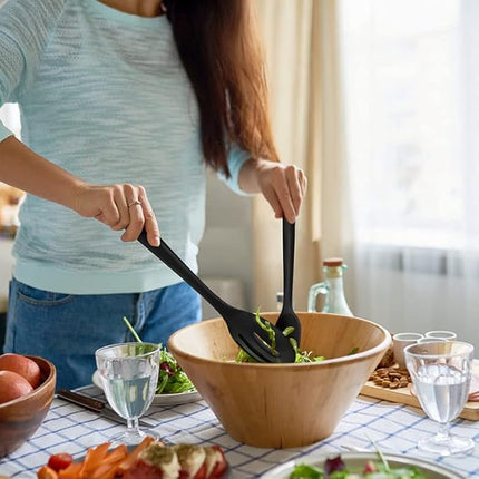 2PCS Silicone Nonstick Spoons, Heat Resistant, BPA Free, Ergonomic, Long Handle, Wide Bowl, Black