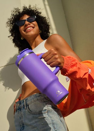 32 oz Tumbler with Handle and Straw: Stainless Steel Insulated Tumbler Keeps Cold for 24 Hours, Leakproof Travel Cup Fits in Cup Holder and BPA-Free,Violet