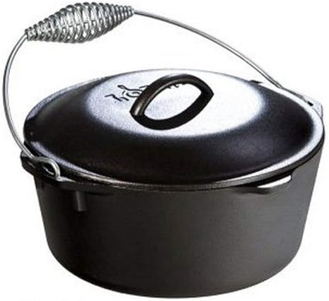 Lodge 5 Quart Pre-Seasoned Cast Iron Dutch Oven with Lid - Wire Bail Handle for Easy Transfer from Cooking Surface to Table - Use in the Oven, on the Stove, on the Grill or over the Campfire - Black