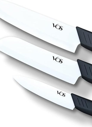 Vos Ceramic Knife Set in Elegant Gift Box, Ceramic Knives Set For Kitchen, Ultra Sharp Kitchen Knife Set with Covers, 4" 5" 6" Paring, Santoku & Chef Knife, Lightweight, Dishwasher safe (Black Handle)