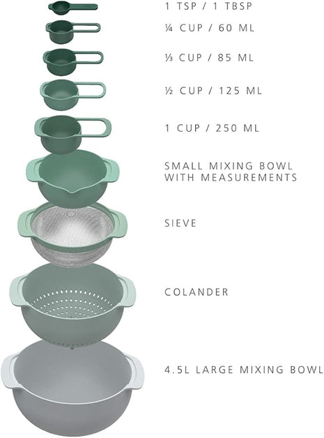 Joseph Joseph Nest 9 Plus, 9 Piece Compact Food Preparation Set with Mixing Bowls, Measuring cups, Sieve and Colander, Editions Range, Sage Green