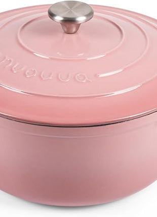 Nuovva Enamelled Cast Iron Dutch Oven Pot with Lid 6.4 Quart Non Stick Casserole Pot – Heavy Duty & Oven Safe up to 500° F for Bread Baking, Braising, Stews, Roasting – 28cm Pink