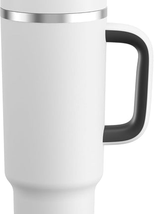 40 oz Tumbler with Handle and Straw: Stainless Steel Insulated Tumbler Keeps Cold for 24 Hours, Leakproof Travel Cup Fits in Cup Holder and BPA-Free, Polar White