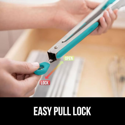 GORILLA GRIP Stainless Steel Heat Resistant Kitchen Tongs for Cooking, 9 + 12 Inch, Set of 2 BBQ Tong, Non Scratch Silicone Tip for Pan, Strong Grip, Grab Food, Salad, Air Fryer, Pull Lock, Turquoise