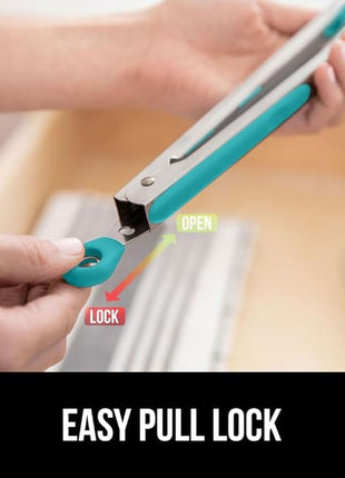 GORILLA GRIP Stainless Steel Heat Resistant Kitchen Tongs for Cooking, Set of 2 BBQ Tong, Non Scratch Silicone Tip for Pans, Strong Grip, Grab Food, Salad, Air Fryer, Pull Lock, 7 + 9 Inch, Turquoise