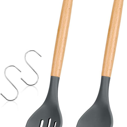 Large Silicone Cooking Spoons, 2 Pack Nonstick Solid and Slotted Wooden handle Spoon Set, Heat Resistan Silicone Kitchen Spoons for Cooking, Serving, Basting, Mixing (Grey)