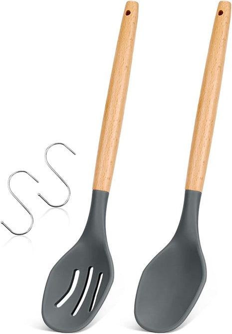 Large Silicone Cooking Spoons, 2 Pack Nonstick Solid and Slotted Wooden handle Spoon Set, Heat Resistan Silicone Kitchen Spoons for Cooking, Serving, Basting, Mixing (Grey)