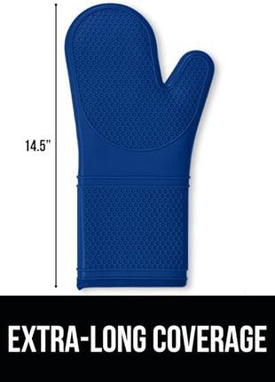 GORILLA GRIP BPA-Free Soft Silicone Oven Mitts, 14.5x8.3, Heat Resistant and Waterproof Cooking Gloves, Thick Cotton Lining, Flexible Gripping for Baking Grilling, Kitchen Potholders Set of 2, Blue