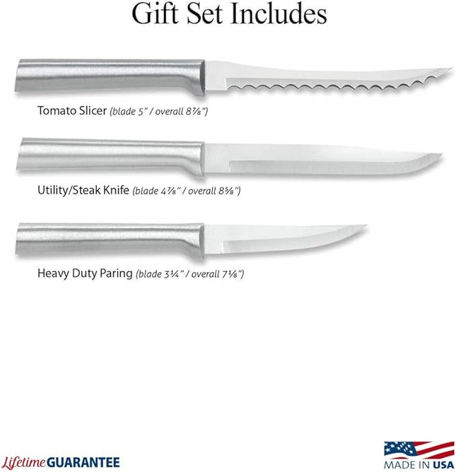 Rada Cutlery 3-Piece Cooking Essentials Knife Gift Set (S49), Stainless Steel Hollow Ground Blades, Made in USA, Silver Handles
