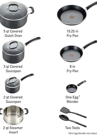 T-fal Experience Nonstick Cookware Set 12 Piece, Induction, Oven Broiler Safe 350F, Kitchen Cooking Set w/Fry Pans, Saucepan, Stockpot, Kitchen Utensils, Pots and Pans, Dishwasher Safe, Black