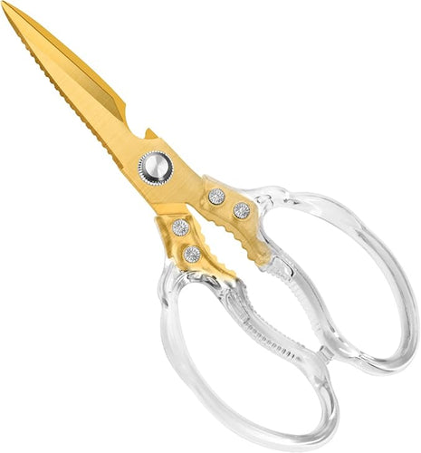 CGBE Kitchen Scissors, Multi-Purpose Kitchen Shears, Heavy Duty Dishwasher Safe Food Scissors for Chicken, Poultry, Fish, Meat & Herbs with Non-Slip Grips - Transparent Gold