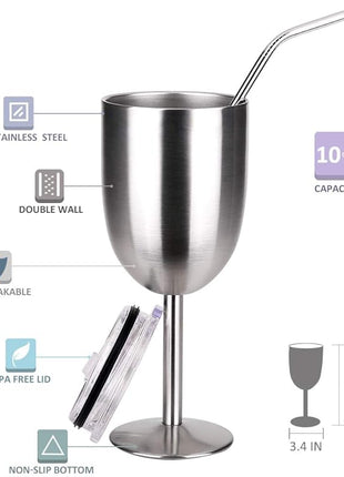 Stainless Steel Wine Glasses(2 Pack).Double Walled Vacuum Insulated Wine Tumbler Cups With Lid and Straw.Friendship,Christmas,Birthday Gifts for Women Men Friends Dad Mom(10oz Stainless steel)