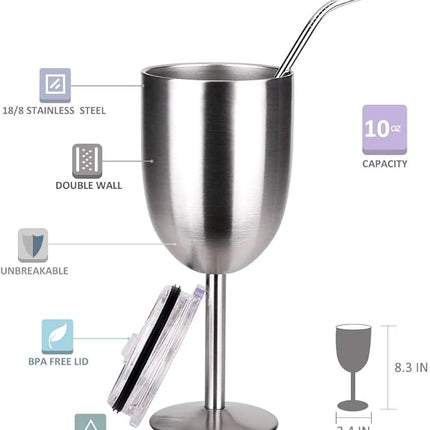 AMZUShome Stainless Steel Wine Glasses Cups.Double Walled Vacuum Insulated Wine Tumbler With Lid and Straw.Friendship,Christmas,Birthday Gifts for Women Men Friends Dad Mom(10oz Stainless steel)