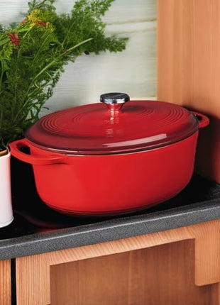 Lodge 7 Quart Enameled Cast Iron Oval Dutch Oven with Lid – Dual Handles – Oven Safe up to 500° F or on Stovetop - Use to Marinate, Cook, Bake, Refrigerate and Serve – Red