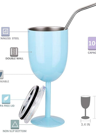 AMZUShome Stainless Steel Wine Glasses Cups.Double Walled Vacuum Insulated Wine Tumbler With Lid and Straw.Friendship,Christmas,Birthday Gifts for Women Men Friends Dad Mom(10oz Light Blue)