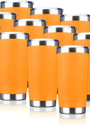 20oz Tumbler Bulk Stainless Steel Vacuum Insulated Tumblers with Lid Double Wall Travel Mug, Durable Powder Coated Coffee Cup, Suitable for Ice Drinks and Hot Beverage (Orange 12pack)