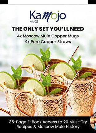 Moscow Mule Copper Mugs Set of 4 with Unique Handcrafted Embossed Design with Anti-Tarnish Food-Grade Coating - Copper Cups Gift Set with 4 Straws & Recipe E-Book, 16 oz