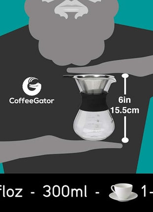 Coffee Gator Pour Over Coffee Maker Portable - 10.5oz High Heat Borosilicate Glass w/Reusable Stainless Steel Filter, Drip Coffee Brewer Pourover Dripper Set Carafe, 300ml Black