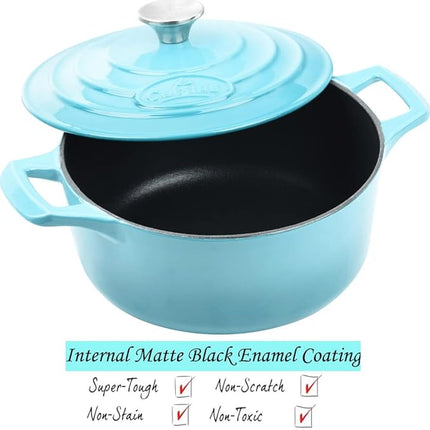 La Cuisine Enameled Cast Iron Dutch Oven Casserole Dish Pot with Lid, 2.1 QT 7.8" /20cm Dia. Internal Matte Black Enamel Coating, 2-tone Teal Enamel Exterior, Oven Safe up to 500° F for bread baking