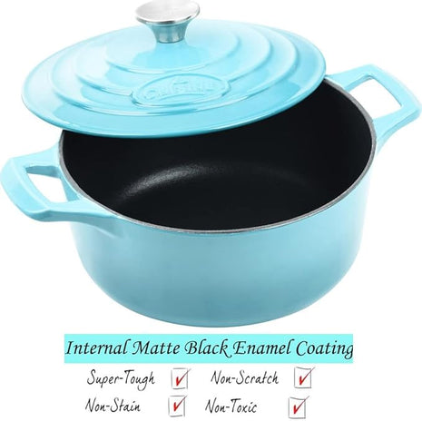 La Cuisine Enameled Cast Iron Dutch Oven Casserole Dish Pot with Lid, 2.1 QT 7.8" /20cm Dia. Internal Matte Black Enamel Coating, 2-tone Teal Enamel Exterior, Oven Safe up to 500° F for bread baking