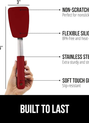 GORILLA GRIP Patented BPA-Free Non-Scratch Spatula, 2 Pack, Heat Resistant Flexible Silicone Head for Nonstick Cooking Pans, Soft Rubber Handle, Kitchen Spatulas for Flipping Eggs, Pancakes, Red