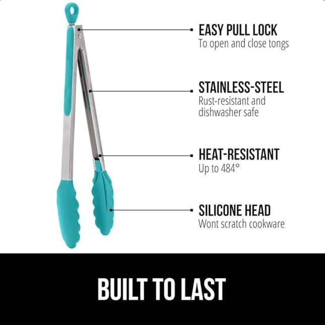 GORILLA GRIP Stainless Steel Heat Resistant Kitchen Tongs for Cooking, 9 + 12 Inch, Set of 2 BBQ Tong, Non Scratch Silicone Tip for Pan, Strong Grip, Grab Food, Salad, Air Fryer, Pull Lock, Turquoise