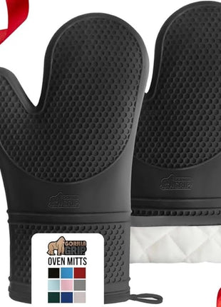 GORILLA GRIP BPA-Free Soft Silicone Oven Mitts, Heat Resistant and Waterproof Cooking Gloves, Thick Cotton Lining, Flexible Gripping, Kitchen Potholders Set, Holiday Baking Essentials, 12.5x8.3, Black
