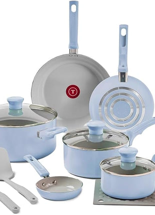 T-Fal Refresh Ceramic Nonstick Cookware Set, 12-Piece Nonstick Cookware, Oven Safe to 350°F, Stockpot, Griddle, Frying Pans, Utensils, Ceramic Pots and Pans Set, Blue
