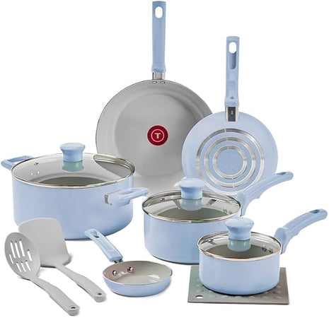 T-Fal Refresh Ceramic Nonstick Cookware Set, 12-Piece Nonstick Cookware, Oven Safe to 350°F, Stockpot, Griddle, Frying Pans, Utensils, Ceramic Pots and Pans Set, Blue