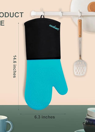 sungwoo Extra Long Silicone Oven Mitts, Heat Resistant Oven Gloves with Quilted Liner Non-Slip Textured Grip Perfect for BBQ, Baking, Cooking and Grilling - 1 Pair 14.6 Inch Turquoise & Black