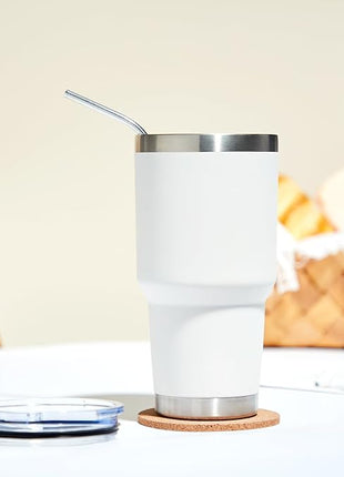 MEWAY 30oz Insulated Tumbler With Lids and Straws,Stainless Steel Double Vacuum Coffee Tumbler Cup, Brush, Durable Powder Coated Coffee Cup for Cold & Hot Drinks, Office, Travel(White,8 PACK)