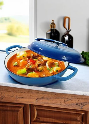 Cast Iron Dutch Oven 3.8 Quart Pot With Lid - Blue Heavy Duty Dual Handles Porcelain Enameled Skillet - Family or Friends Gifts